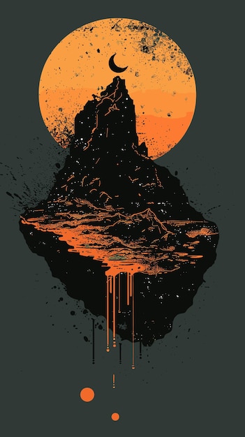 Vector illustration of mountain silhouette and moon Grunge style