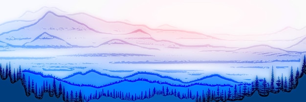 Vector illustration of mountains valley in fog morning light panoramic