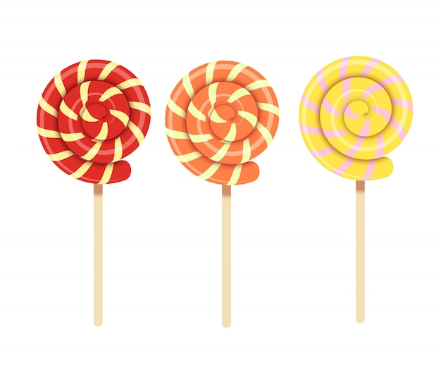 Vector illustration of multicolored spiral sweet lollipops. Fruit candy sweet dessert isolate