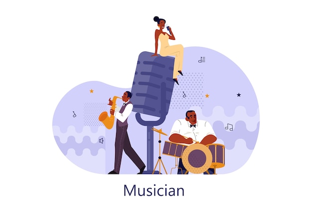 Vector illustration of musician playing music. Woman holding an microphone and sing. Male performer standing with saxophone and drums and performing. Jazz rock music band festival.