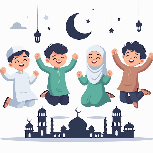 Vector Illustration Of Muslim Kids Celebrating Ramadan in flat design style