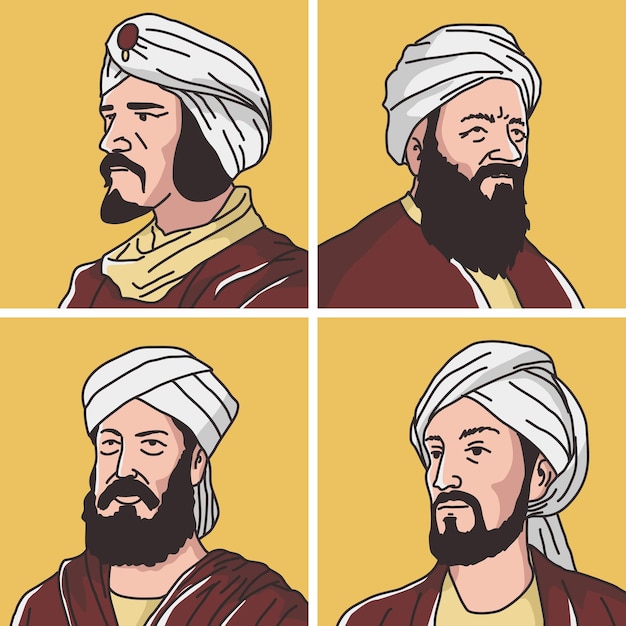 Vector illustration of muslim scholars alkindi jabir ibn hayyan aljazari abbas ibn firnas