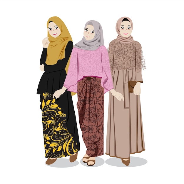 Vector illustration of muslim wear kebaya and batik for bridesmaids