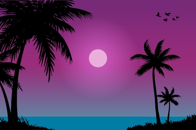 Vector illustration of natural scenery of the beach and sunset at dusk