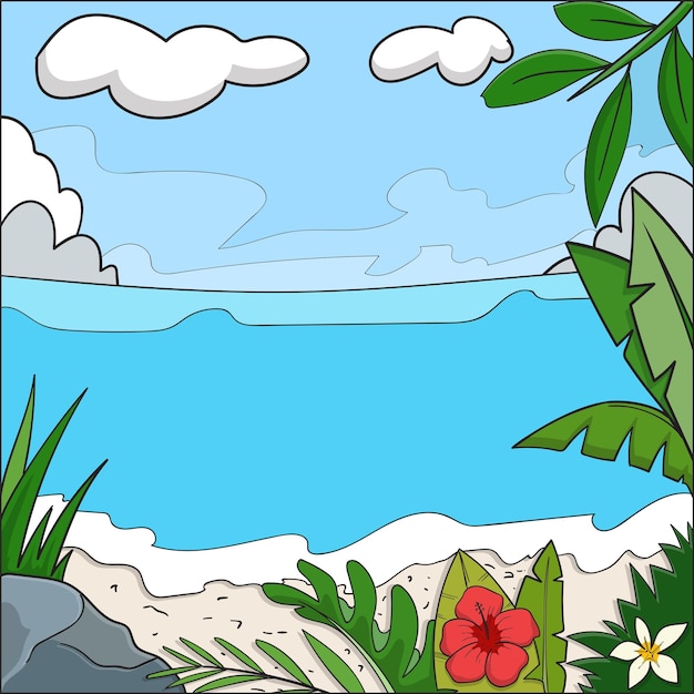 Vector illustration nature background forest and beach on tropical island