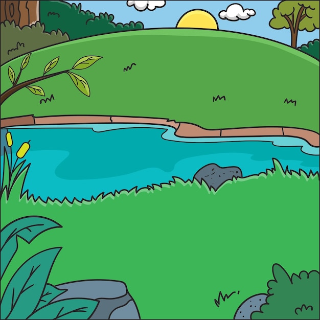 Vector illustration nature background pond in the jungle