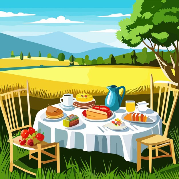 Vector illustration nature scene with tables with food mountains at background picnic with fruits