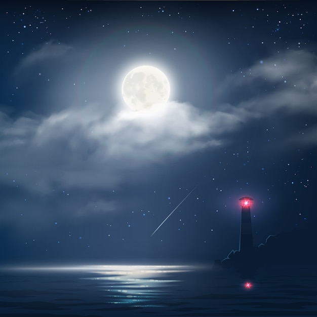 Vector illustration of night cloudy sky with stars, moon and sea with lighthouse