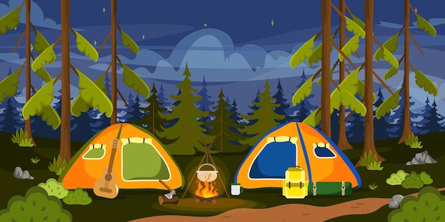 Vector illustration of a night landscape with tents Cartoon scene with tourist tents bonfire with cauldron ax with logs backpacks bushes Christmas trees pine trees stones and stars in the sky