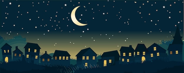 Vector vector illustration of the night sky moon and glowing stars silhouettes houses cartoon night town travel concept