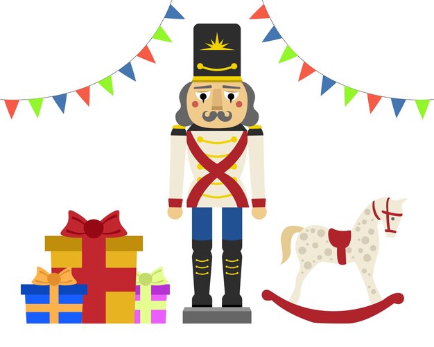 Vector illustration of a nutcracker with Rocking Horse and presents