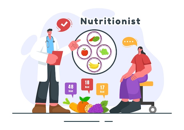 Vector vector illustration of a nutritionist conducting a nutritional examination of food including dietary supplements such as fresh fruits and vegetables