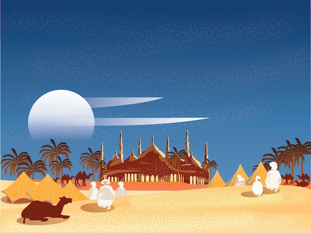 Vector illustration of Oasis in Arabian desert.Bedouin or travellers Islamic in Egypt