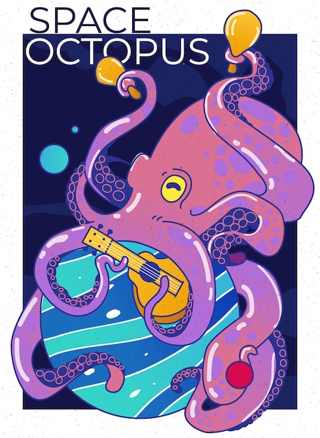 Vector illustration Octopus plays ukulele and maracas while sitting on a planet in outer space