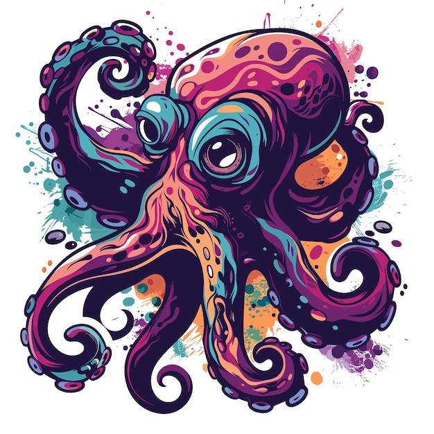 Vector illustration of octopus with grunge splashes on white background