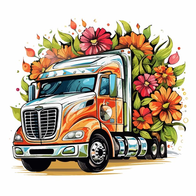 Vector vector_illustration_of_semi_truck_with_flower