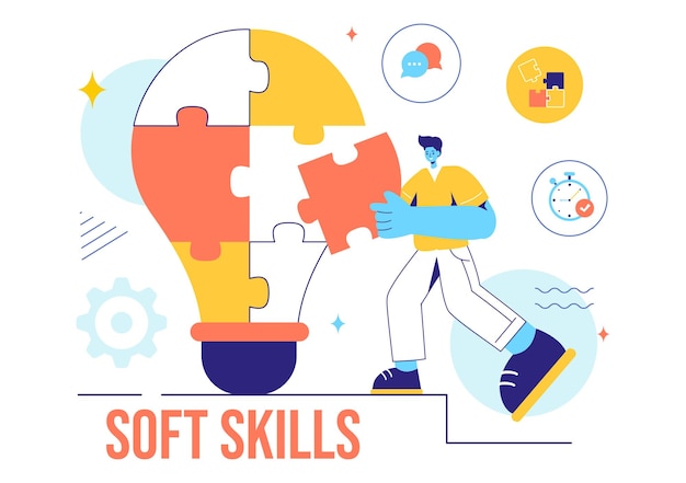 Vector vector illustration of office workers demonstrating soft skills of empathy communication idea development skill and education in a flat background