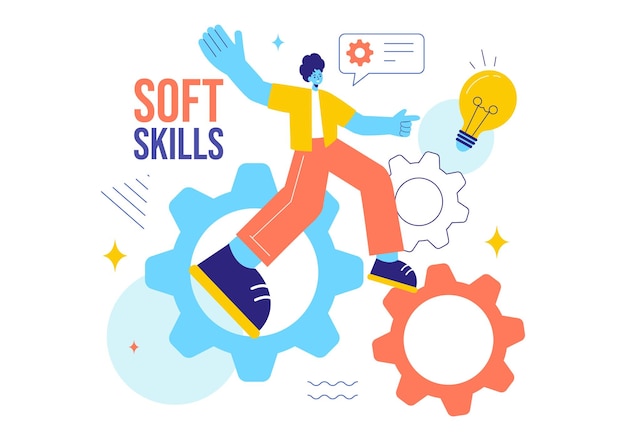 Vector vector illustration of office workers demonstrating soft skills of empathy communication idea development skill and education in a flat background