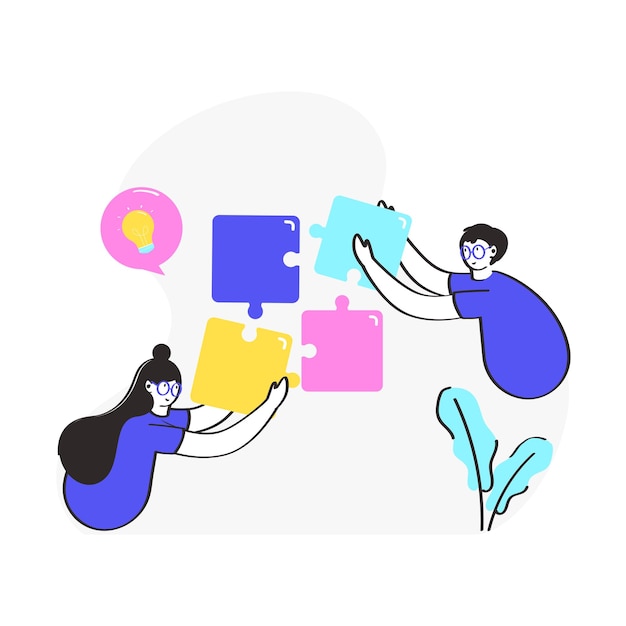 Vector Illustration Of Official Employees Connecting Jigsaw Puzzles On White Background