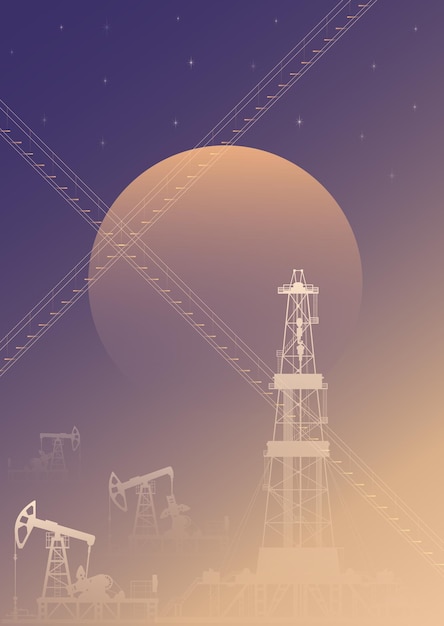 Vector illustration of an oil rig for oil production on the background of the sun Sketch