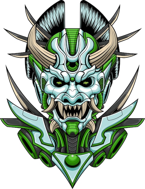 Vector illustration of onimatsu japanese samurai mask with robotic style drawing