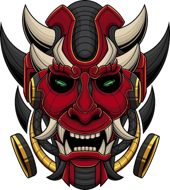 Vector illustration of onimatsu japanese samurai mask with robotic style drawing