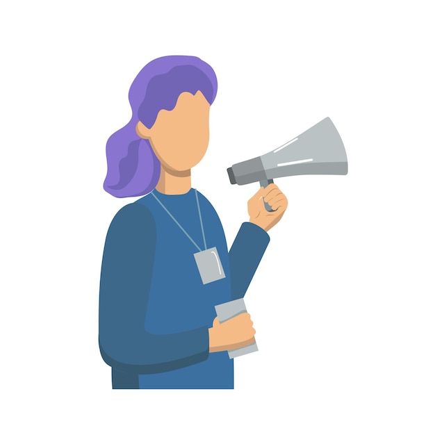 Vector illustration for online advertising The promoter woman speaks into a megaphone and distributes flyers Influencer marketing social media promotion SMM marketer business illustration