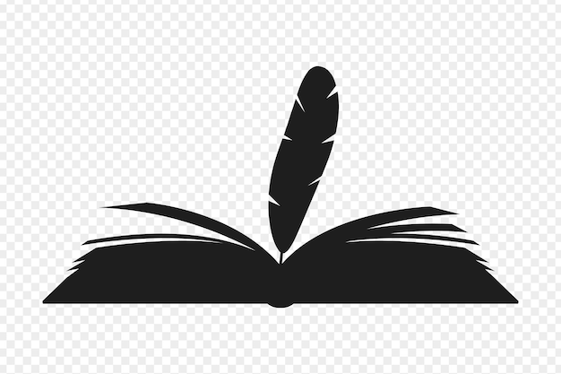 Vector illustration of open book with quill pen silhouette on transparent background