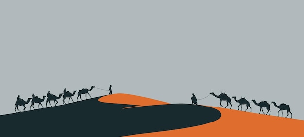 Vector illustration of the outline of a caravan of camels going through the desert