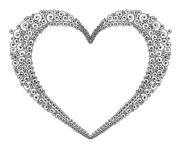 Vector illustration of outline heart frame for text, with curly lines and swirls in black color.