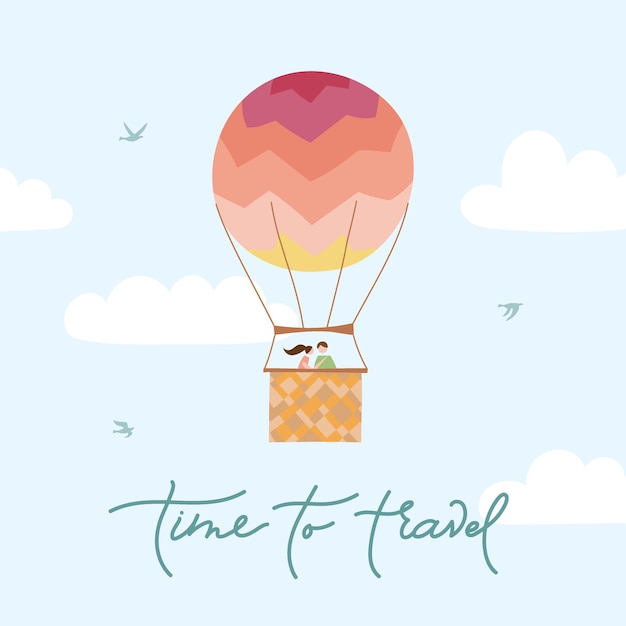 Vector illustration of outline hot air balloon on sky. Isolated hand drawn icon