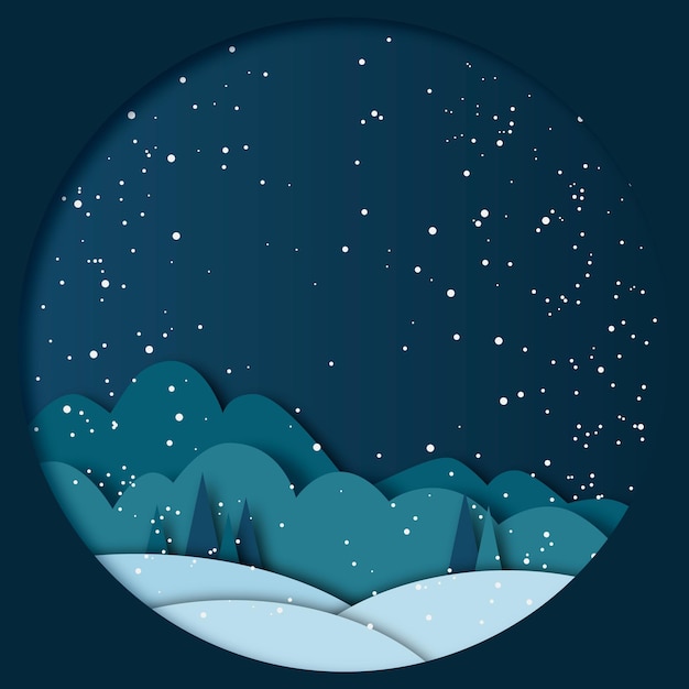 Vector illustration paper cut effect in a round frame Winter landscape with trees and nature