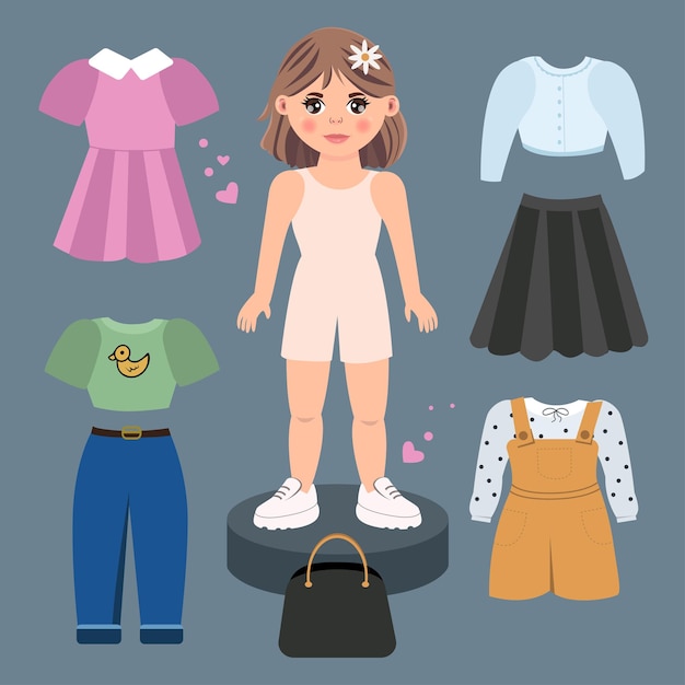 Vector vector illustration of paper doll with set of fashion purple clothes