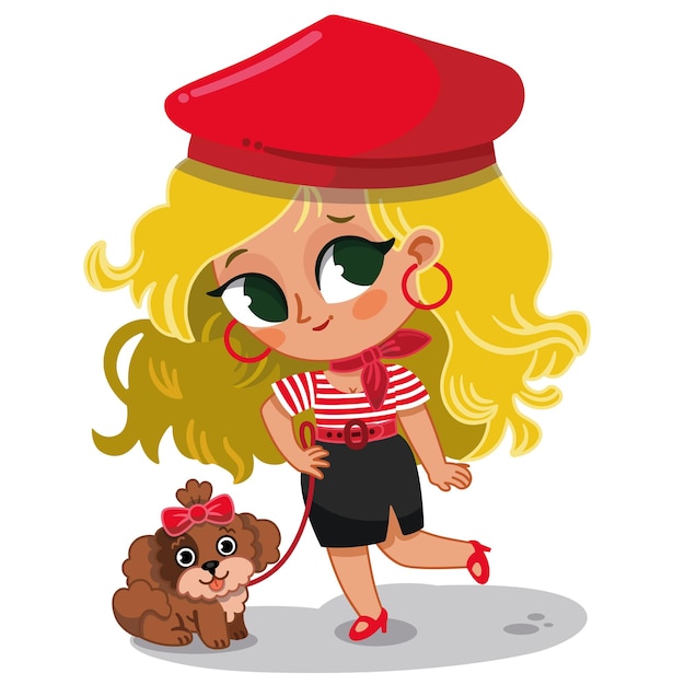 Vector illustration of Parisian woman and her dog.