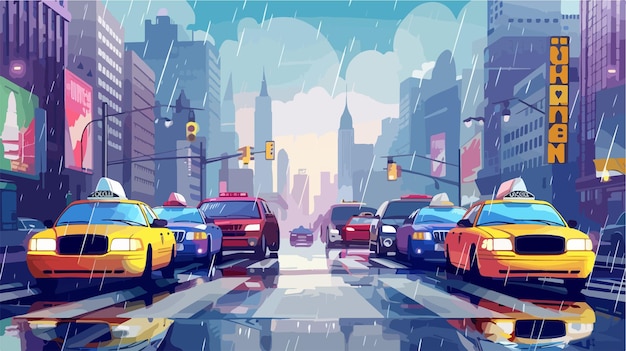 Vector Illustration of Parking Taxi Cars in City