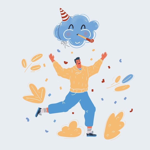 Vector illustration of party and celebration happy man run under magic party clouds who blow horns