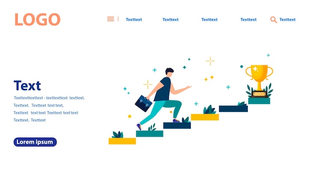 Vector illustration, people are running toward their goal on the stairs or pillars, moving to their dream. Motivation, the way to the goal. web banner, mobile web site. Landing page template.