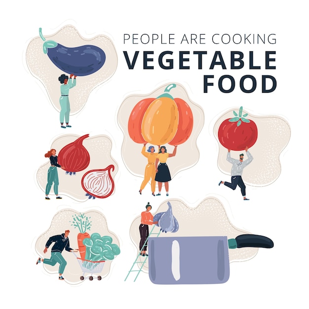 Vector vector illustration of people cooking food ingredients tiny people in cooking prosses eggplant pumpkin tomato onion carrot pan broccoli garlic man and woman