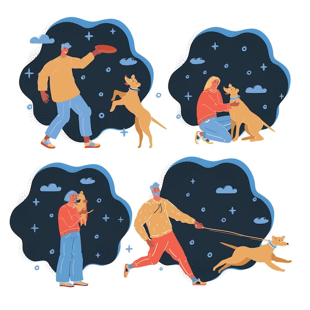 Vector vector illustration of people who play and walk wih theirs dogs on dark background