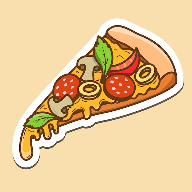 Vector illustration of pizza with cheese tomatoes mushrooms and pepperoni for stickers