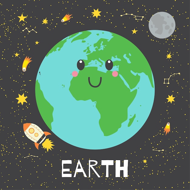 Vector illustration planet Earth in retro flat cartoon style