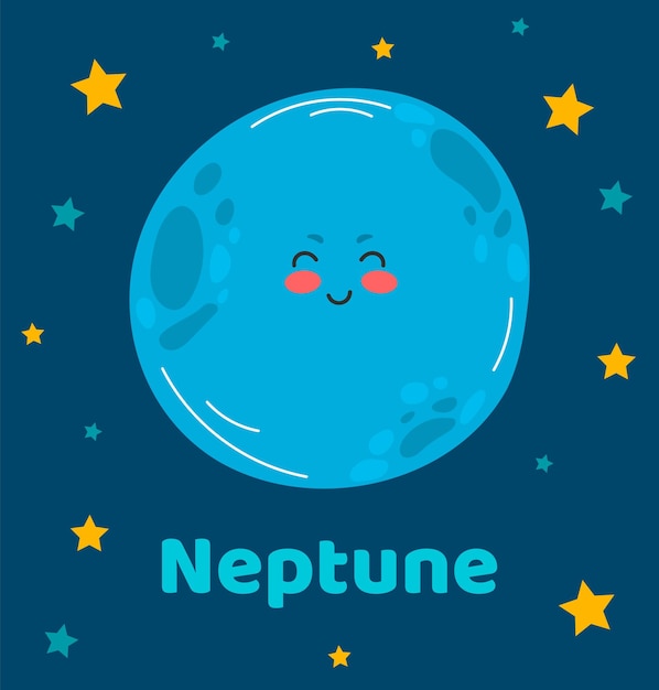 Vector illustration planet Neptune in flat cartoon style Poster for children room education Neptune card composition of the planets stars comets constellations space ship