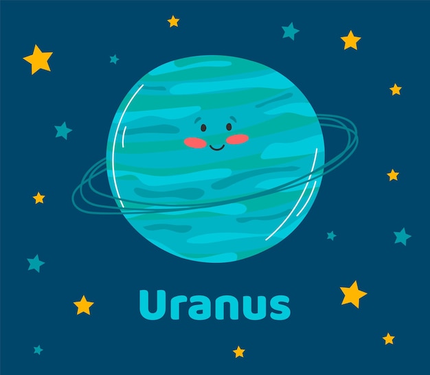 Vector illustration planet Uranus in flat cartoon style Poster for children room education Uranus card composition of the planets stars comets constellations space ship