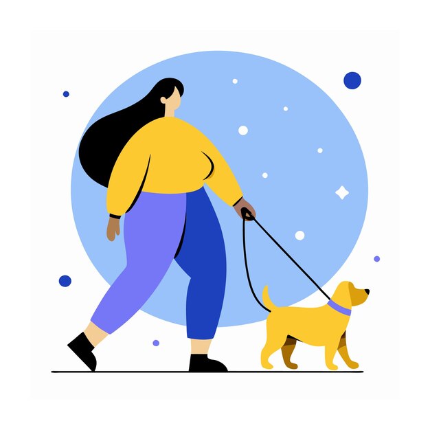 Vector vector illustration of plussize woman walking with dog flat style modern flat