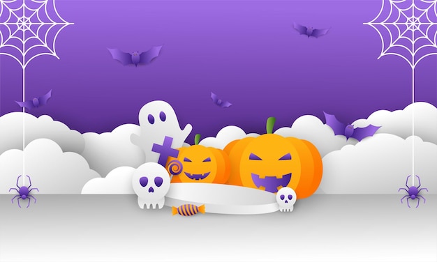 Vector illustration of a podium for Halloween with pumpkin candy and ghost elements