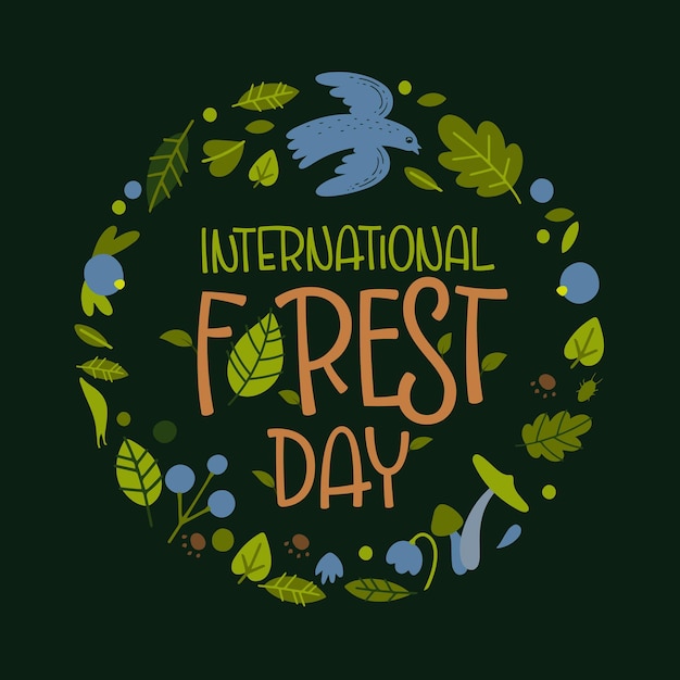 Vector illustration of postcard for International Day of Forests in round shaped frame with plants and bird elements on green background