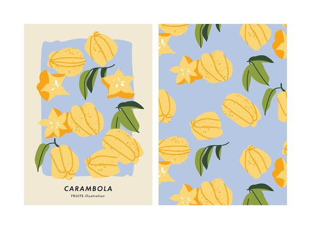 Vector illustration poster with carambola fruits Art for postcards wall art banner background Seamless pattern