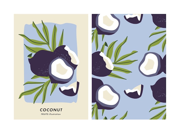 Vector illustration poster with coconut fruit Art for postcards wall art banner background Seamless pattern