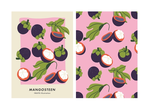 Vector illustration poster with mangosteen fruits Art for postcards wall art banner background Seamless pattern