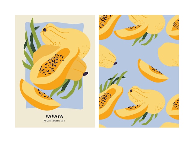 Vector illustration poster with papaya fruit Art for postcards wall art banner background Seamless pattern